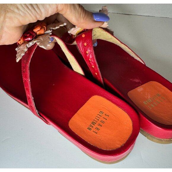VTG Stuart Weitzman Red Leather Sandals 8.5 Floral Applique Thong Y2K Boho Vacay - Picture 4 of 16